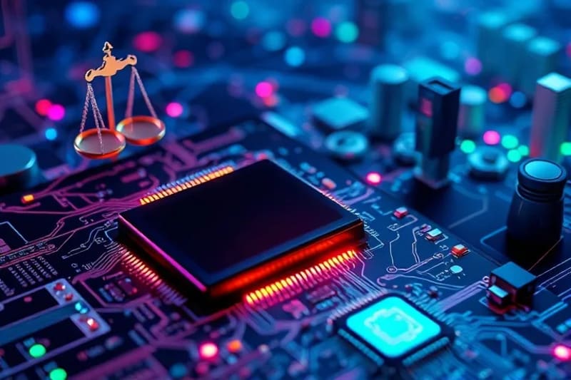 Símbolos legales abstractos conectados por redes digitales.