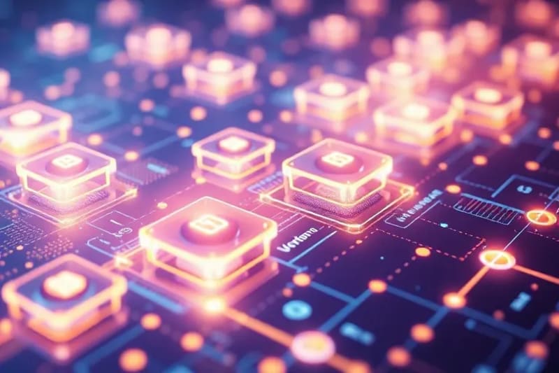 Representación de un libro de contabilidad blockchain con datos brillantes.