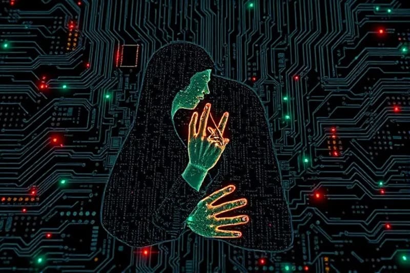 Escena conceptual de dilemas éticos en la intersección de la tecnología y la mente humana