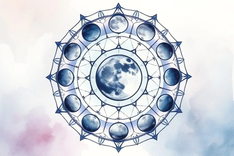 Watercolor illustration of moon phases with abstract emotional representations, emphasizing fluidity and connection.