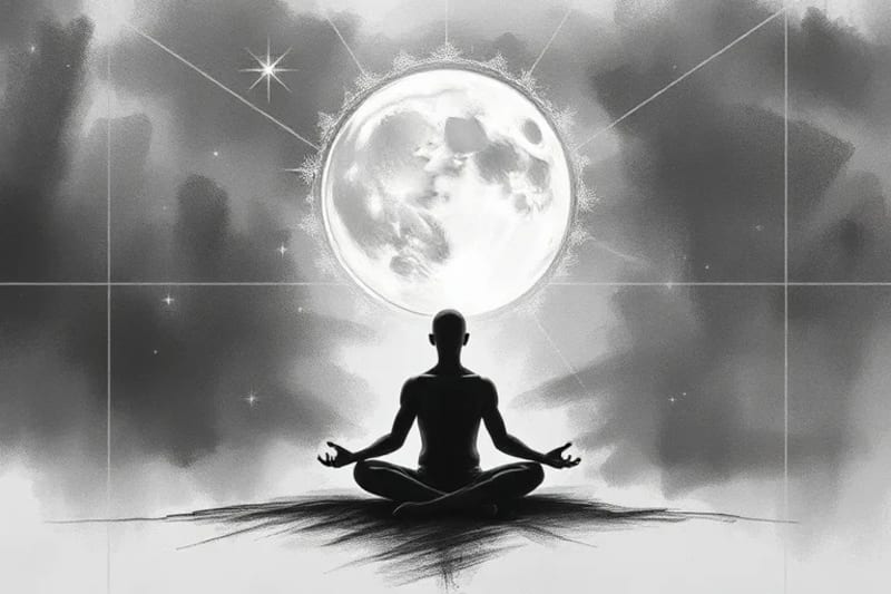Minimalist 3D render of a human silhouette meditating under a glowing moon, surrounded by energy lines, symbolizing inner balance.