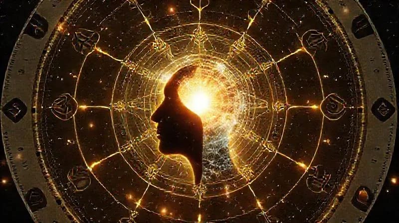 Energía cósmica y patrones geométricos formando una silueta