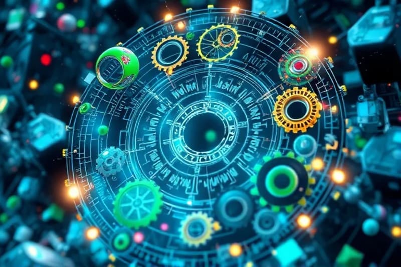 Conceptual art of a circular economy with interconnected gears and bio-materials