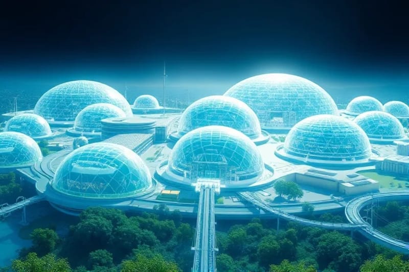 3D render of an eco-friendly industrial complex with bio-manufacturing and natural elements