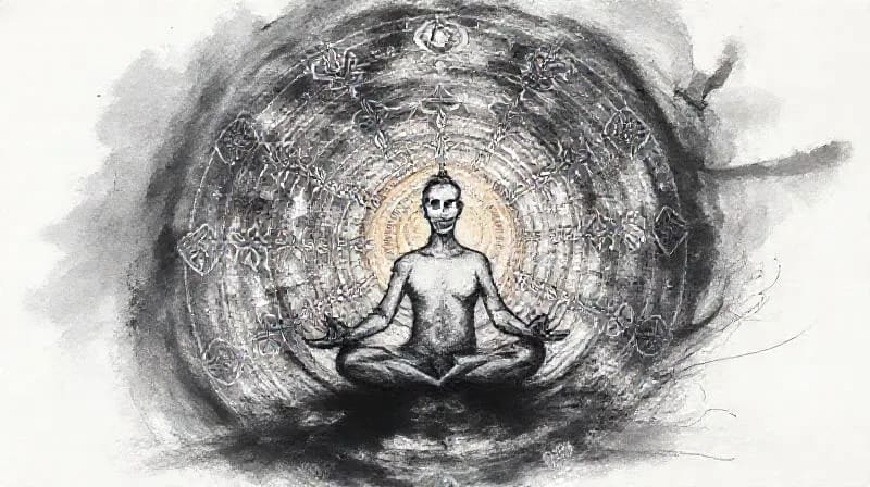 A meditating human figure surrounded by swirling astrological symbols and geometric shapes, depicting personal growth and energy flow.