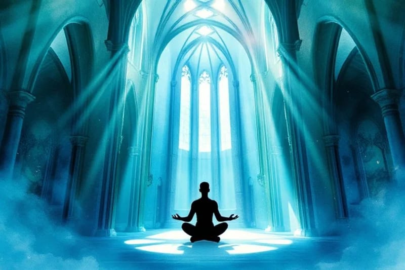 Pintura acuarela de una persona en introspección rodeada de patrones digitales caóticos