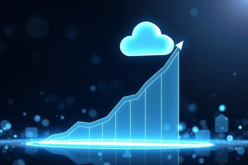 3D render of a stylized growth curve ascending towards a cloud icon, symbolizing SaaS scalability.