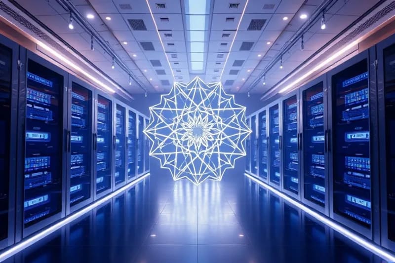 3D render of a futuristic server room with organic lines and glowing energy pathways