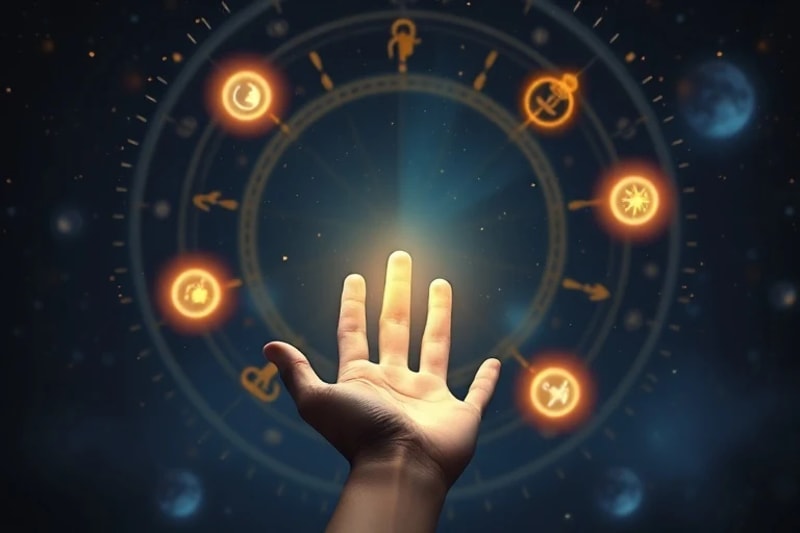 Mano alcanzando orbes luminosos con símbolos astrológicos