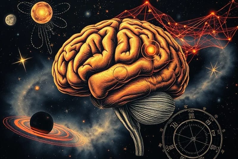 Bridging the Psyche and Cosmos Conceptual image blending a detailed human brain with a celestial map, interconnected by subtle energetic lines and glowing astrological symbols.