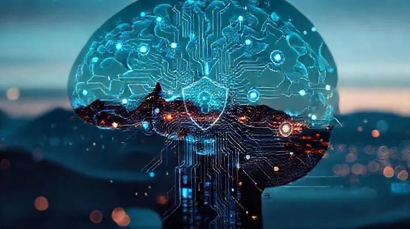 Primer plano de una interfaz cerebro-ordenador con datos digitales y escudos de privacidad
