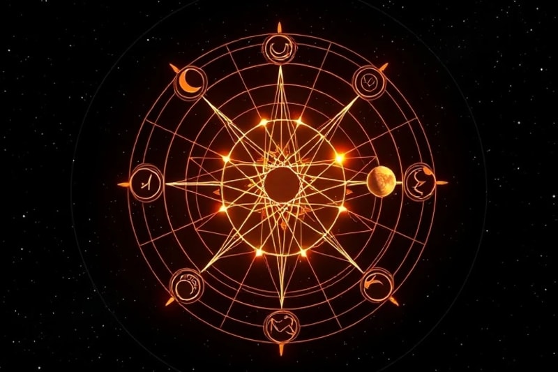 Natal Chart Cosmic Structure Abstract 3D render of a natal chart's core components: stylized, glowing planetary symbols orbit a central point, interconnected by delicate, luminous lines representing aspects.