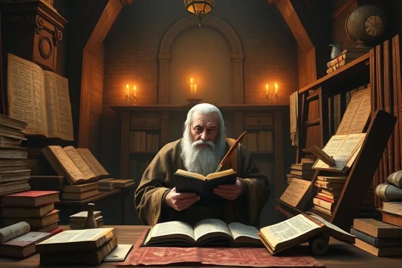 Representación de San Isidoro en un estudio con textos antiguos y modernos