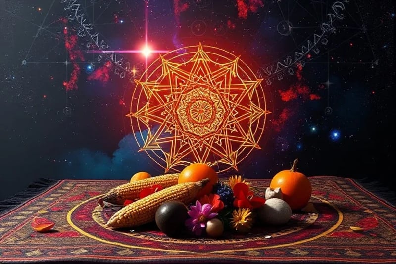 Ofrenda ritual andina con elementos naturales y símbolos planetarios