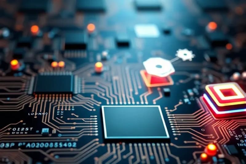 Elementos abstractos y futuristas que simbolizan la convergencia de la tecnología clásica y cuántica