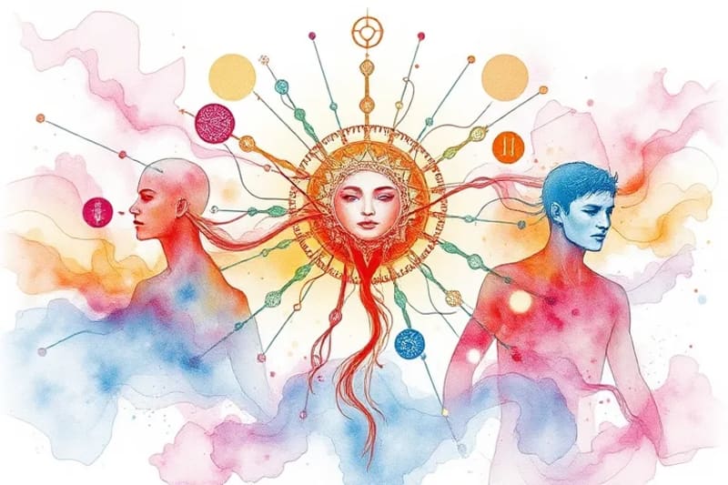 Abstract watercolor depicting flowing lines and interconnected human figures, subtly integrating neural network patterns and esoteric symbols, representing digital consciousness and unity.