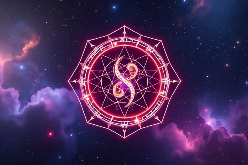 Estructura de doble hélice cósmica interconectada con símbolos zodiacales