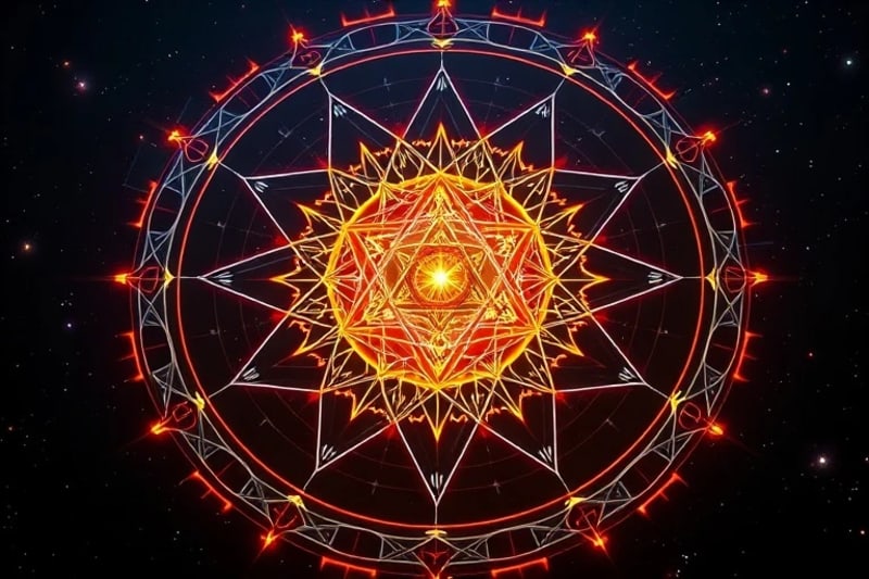 3D rendered futuristic digital sculpture of a glowing orb, symbolizing consciousness, surrounded by evolving AI code and ancient alchemical symbols on a dark, neon-accented background.