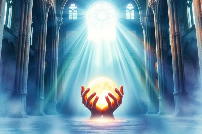 Acuarela abstracta de manos entrelazadas sosteniendo una esfera luminosa, simbolizando el consuelo y la paz interior.