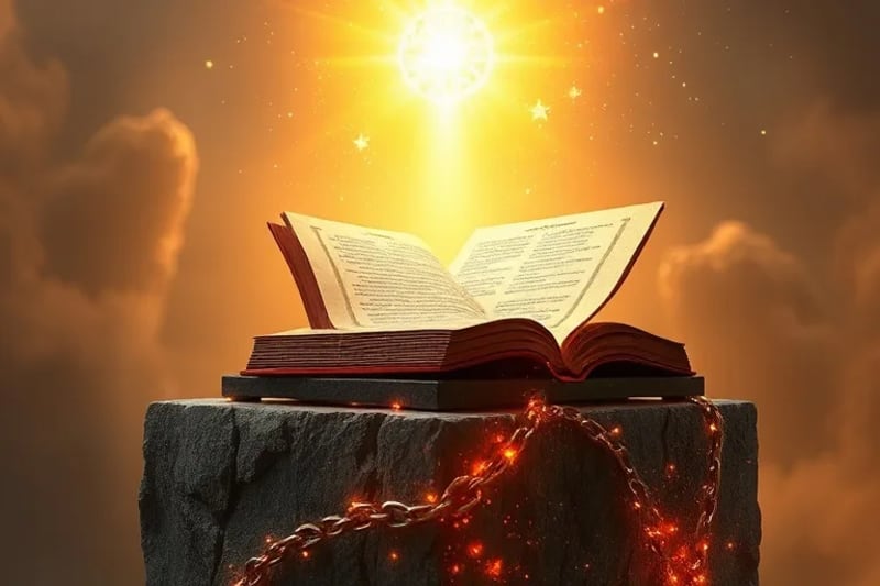 Render 3D de formas geométricas translúcidas ascendiendo, con cadenas rompiéndose en partículas de luz, simbolizando la liberación y el crecimiento espiritual.