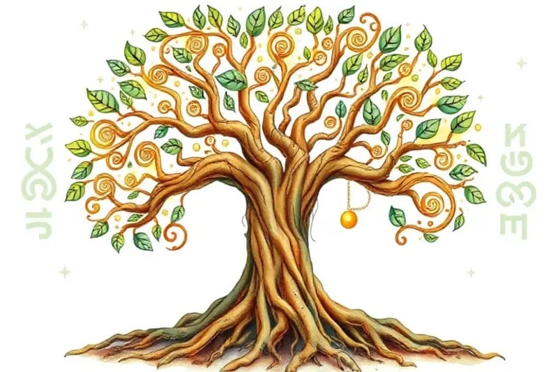 Pintura acuarela de un árbol de la vida celta con runas entrelazadas