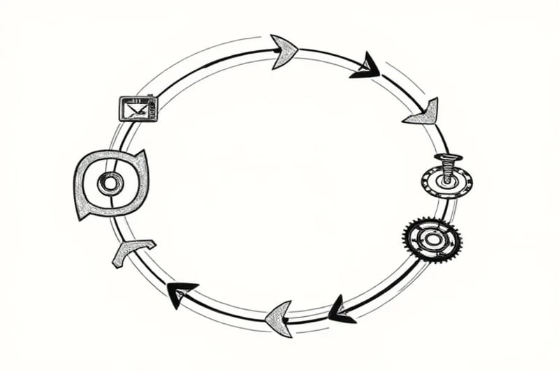 Interconnected gears and arrows forming a continuous loop, representing circular business processes