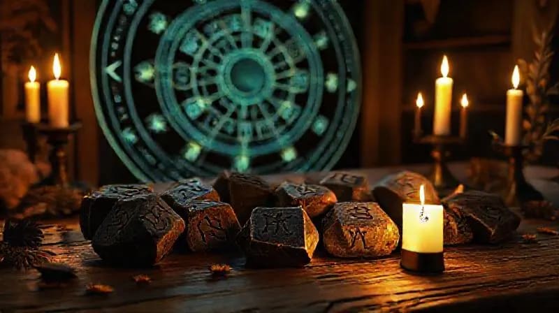 Colección de runas nórdicas sobre una mesa de madera con luz de vela