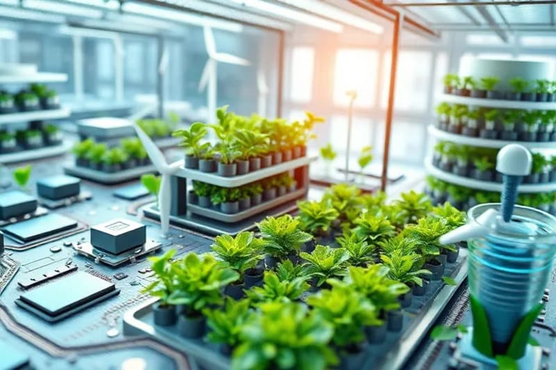 Futuristic urban farm with vertical hydroponics and integrated renewable energy systems