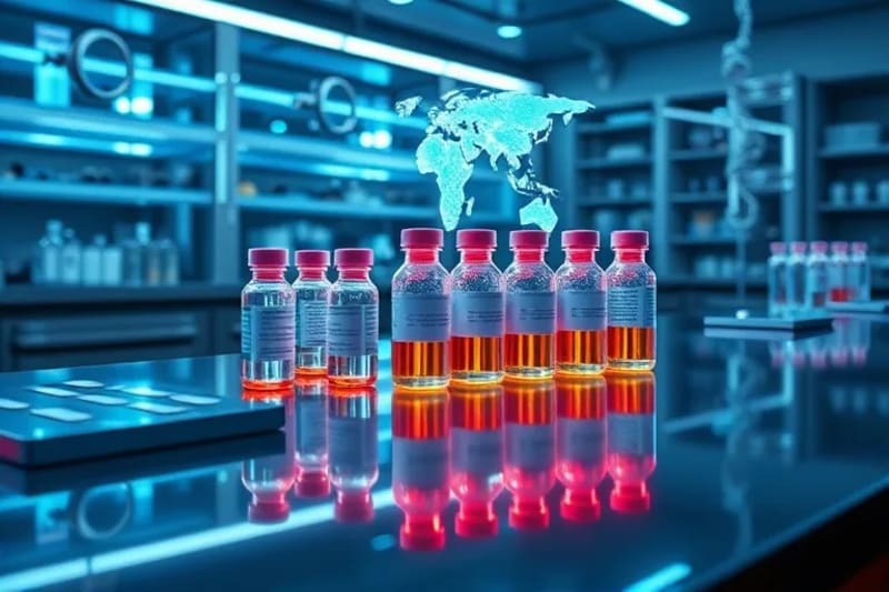 3D render of advanced bio-sensors, personalized medicine vials, and holographic genome projection