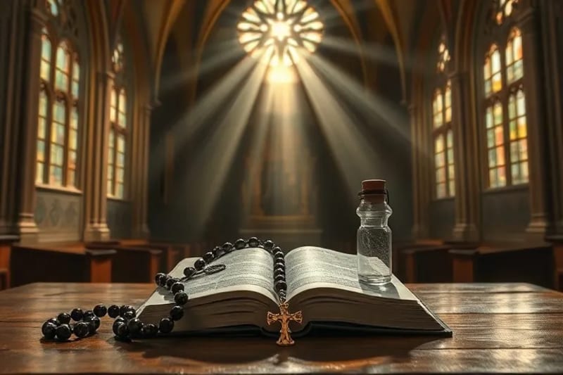 Rosario, escapulario, agua bendita y medalla de San Benito sobre una Biblia