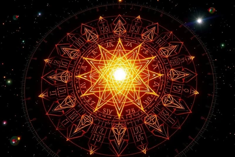 3D render of glowing numerical symbols forming a labyrinth with a central crystal