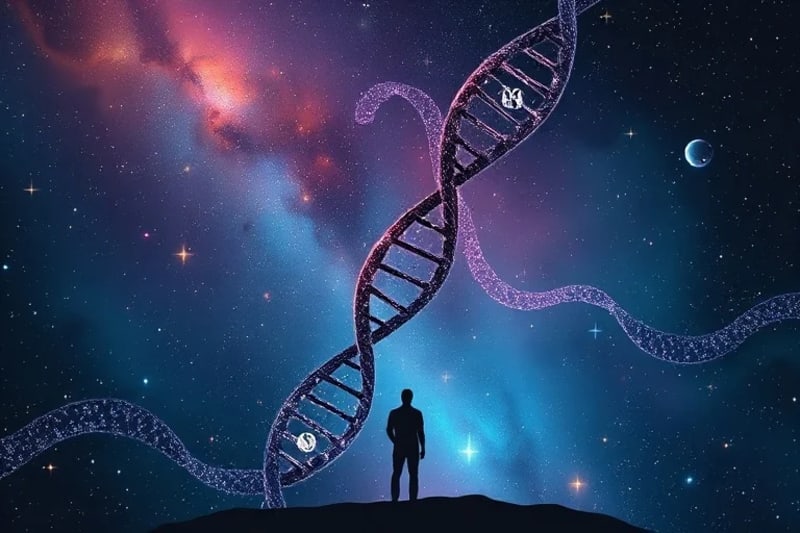 Astro-Genomics: Cosmic Blueprint Cosmic DNA helix with astrological symbols and human silhouette