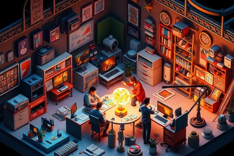 Artistas humanos colaborando con una entidad de IA, creando arte digital con herramientas futuristas