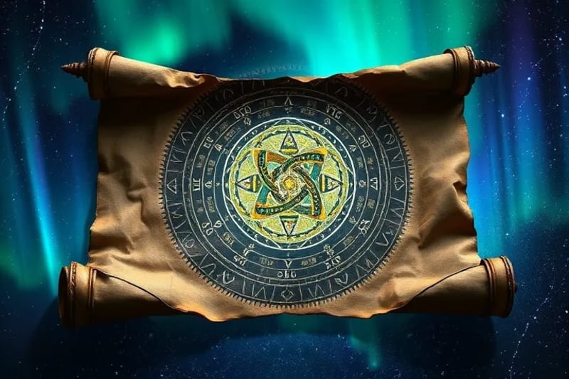 Genetic Cosmic Blueprint Ancient astrological symbols interwoven with glowing DNA strands