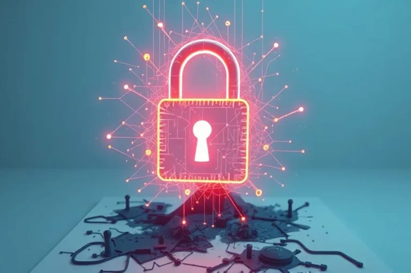 Mecanismo de cerradura digital y flujos de datos entrelazados sobre un lienzo de arte generado por IA