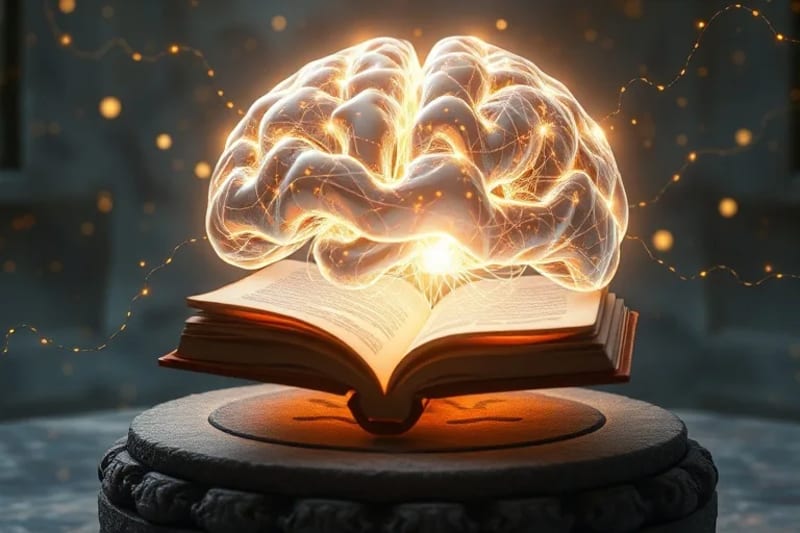 Representación abstracta de la actividad neuronal y la conciencia, con patrones de luz y conexiones cerebrales en un entorno etéreo.