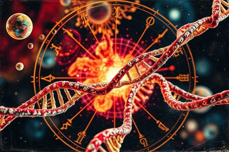 Cellular Cosmic Connection Microscopic view of cells with subtle celestial patterns