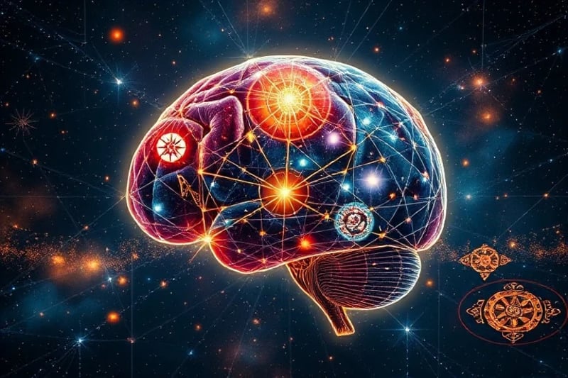 Representación abstracta de la mente humana fusionándose con un mapa celestial y símbolos astrológicos.