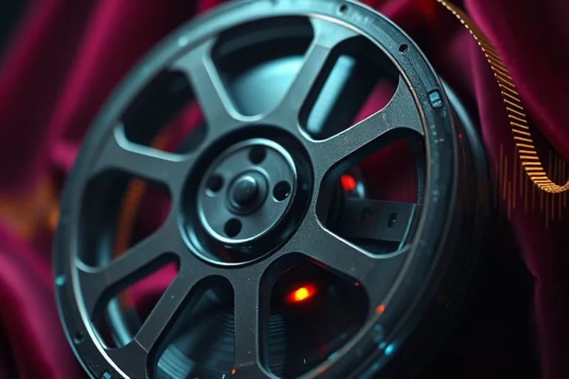Vintage film reel intertwined with abstract radio waves on velvet