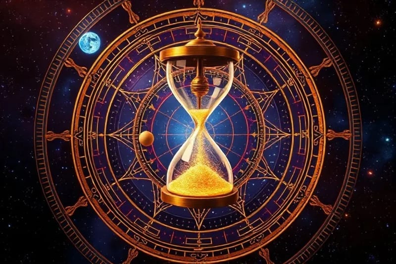 Stylized hourglass with cosmic sand and astrological texts