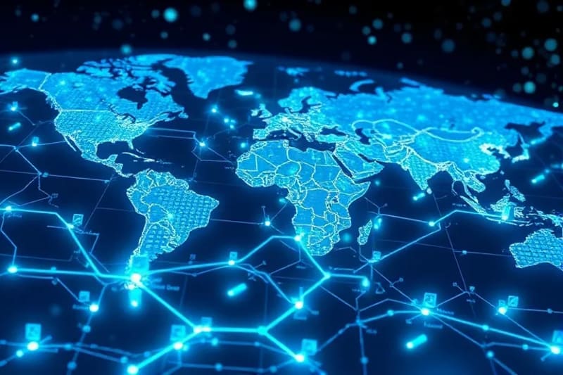 Representación abstracta de un mercado global de agua, con flujos de datos y conexiones financieras.