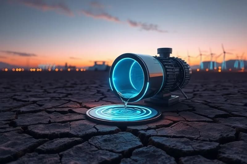 Ilustración conceptual de escasez de agua y soluciones innovadoras, con tierra agrietada y tecnología de filtración.