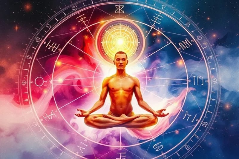 Figura humana meditando rodeada de un aura vibrante con patrones geométricos sutiles.