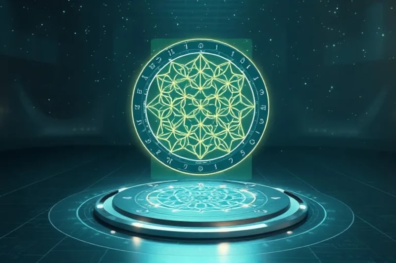 Dispositivo futurista con patrón de la Semilla de la Vida emitiendo un escudo de energía hexagonal en un entorno digital.
