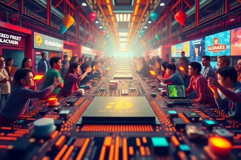 Avatares digitales interactuando en un mercado virtual con símbolos de blockchain, representando el comercio y la comunidad.