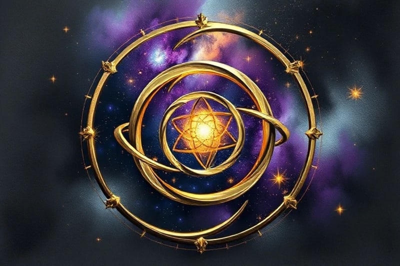Abstract interconnected gears and cosmic elements