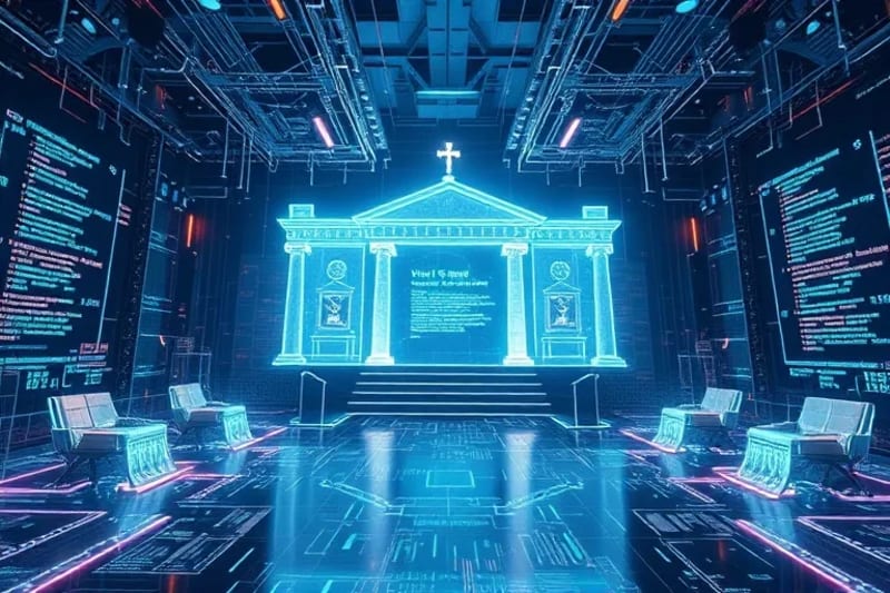 Red holográfica de documentos legales y código formando un tribunal digital, simbolizando la jurisdicción y los contratos inteligentes.