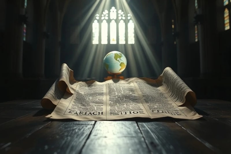 Manuscrito antiguo con caligrafía críptica y símbolos, iluminado por una luz misteriosa, con un globo terráqueo abstracto de fondo.