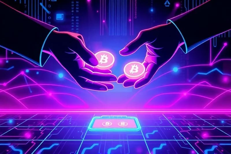 Manos estilizadas intercambiando tokens digitales sobre un libro mayor seguro
