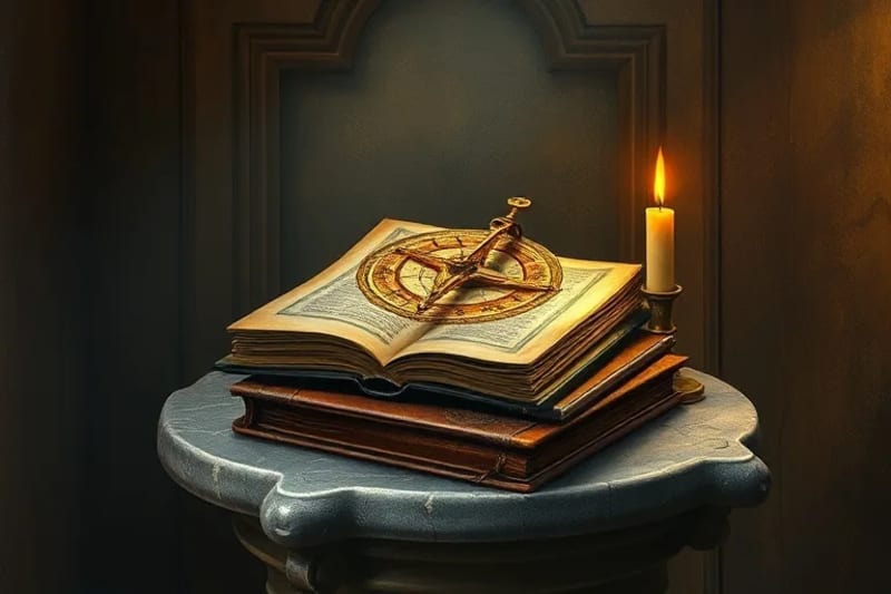 Astrolabio antiguo sobre libros de cuero, iluminado por la luz de una vela, en un ambiente oscuro y misterioso de estudio.